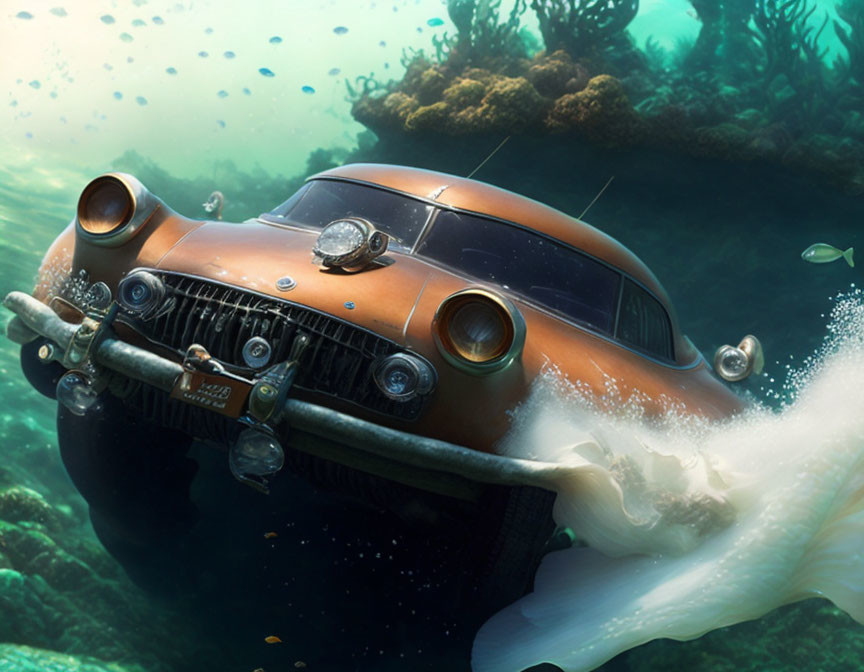 Vintage car underwater with fish, aquatic plants, and bubbles