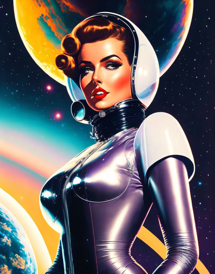 Illustration of woman in 1950s-style space suit against cosmic backdrop