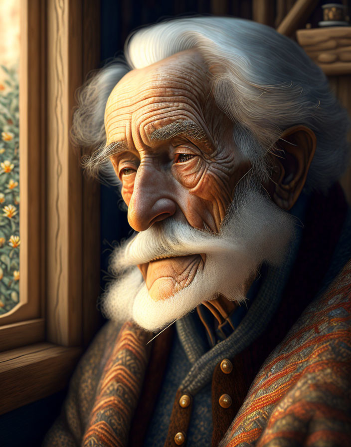 Elderly man with white beard, wrinkles, and pensive expression by window