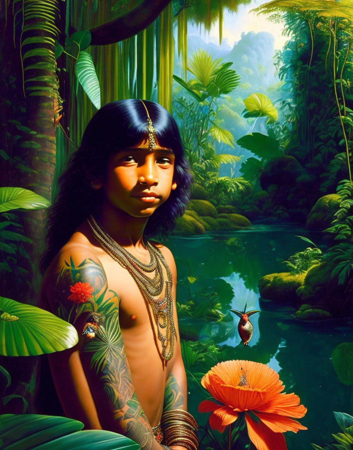 Young boy with traditional adornments by jungle river and red flower.