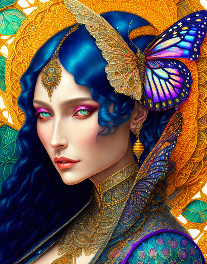 Vibrant digital artwork: woman with blue hair, butterfly wings, gold headdress.