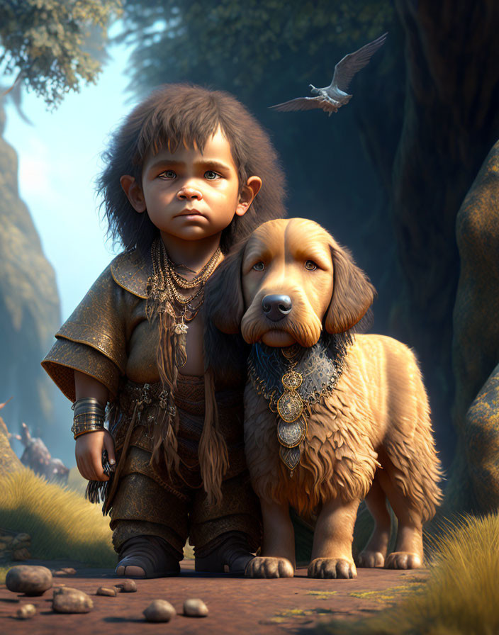 Young child in fantasy attire with large dog in forest scene.