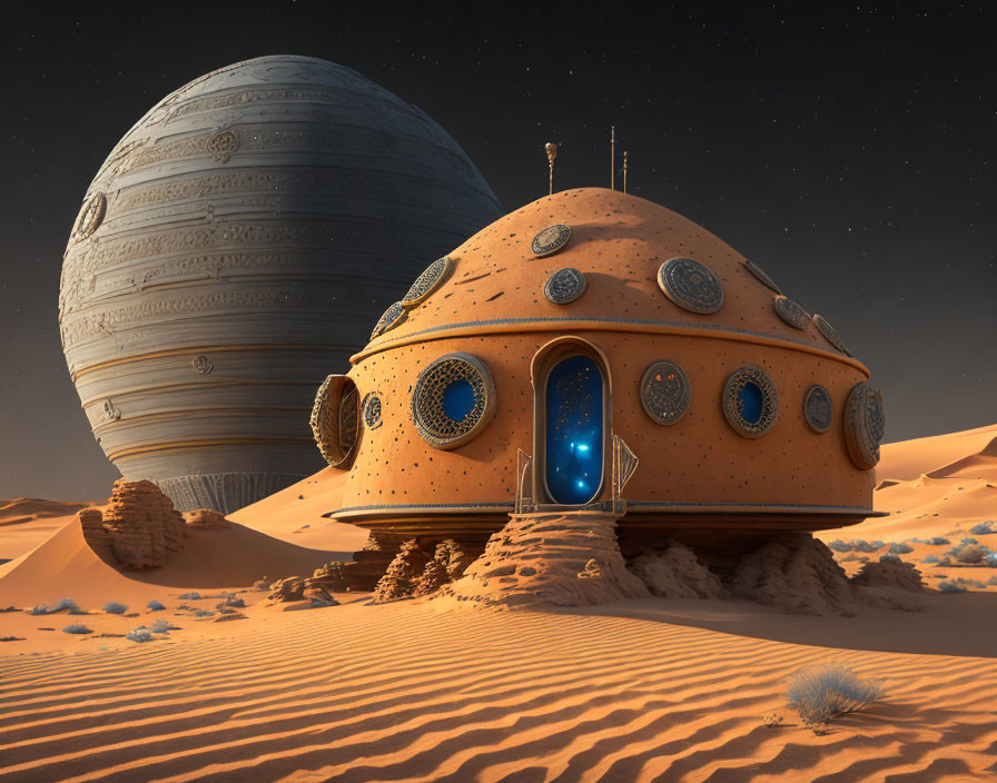 Futuristic spherical habitat with circular windows in desert landscape