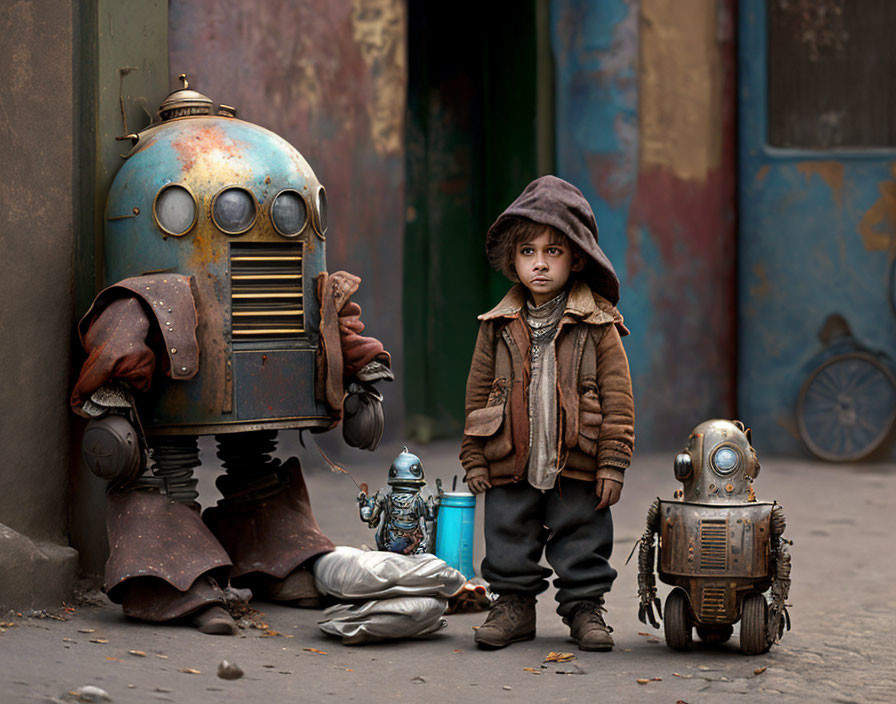 Child in oversized clothing with three robot companions in urban alleyway