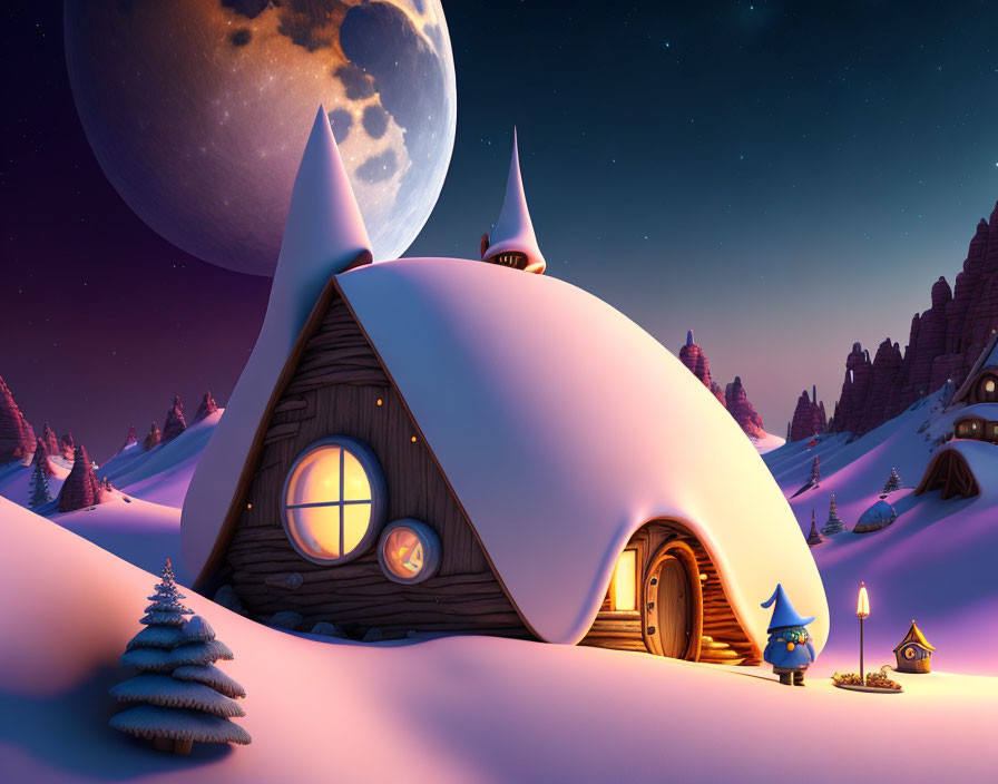 Whimsical winter night scene with igloo-shaped house, moon, snow, trees, purple sky