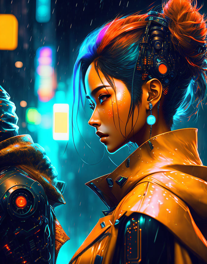 Female cyberpunk character with blue hair and mechanical parts in neon-lit cityscape