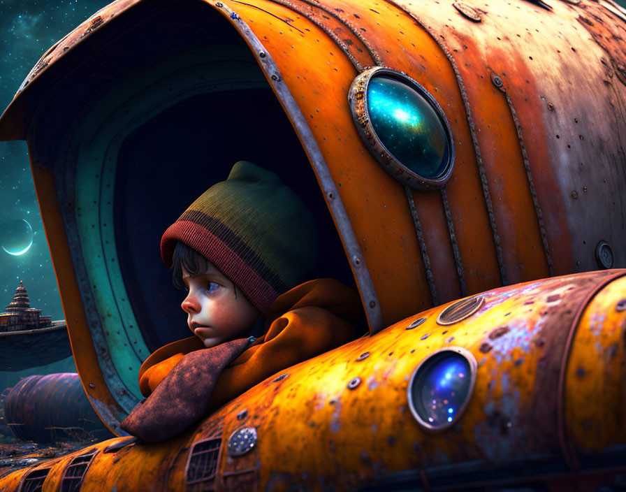 Child in Brown Hat and Orange Scarf in Weathered Submarine Under Alien Sky