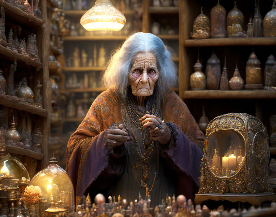 Elderly woman with long white hair in antique shop filled with curiosities