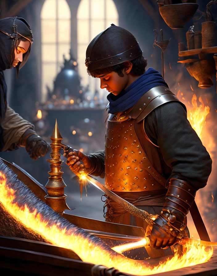 Medieval armor-clad person observes blacksmith crafting glowing sword in dimly lit forge