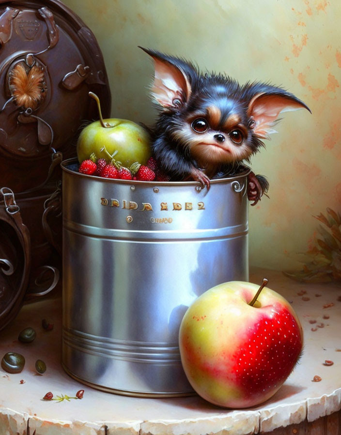 Whimsical furry creature in tin with apples, strawberries, and shield