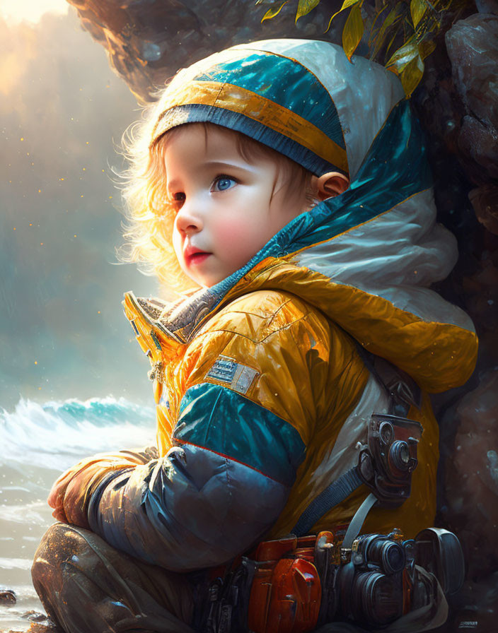 Toddler in space-themed jacket explores dreamy sunlit setting.