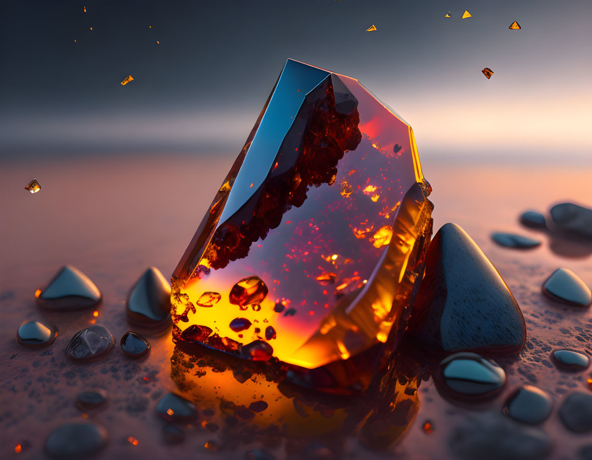 Red-Orange Crystal Shard Emerges from Water with Pebbles