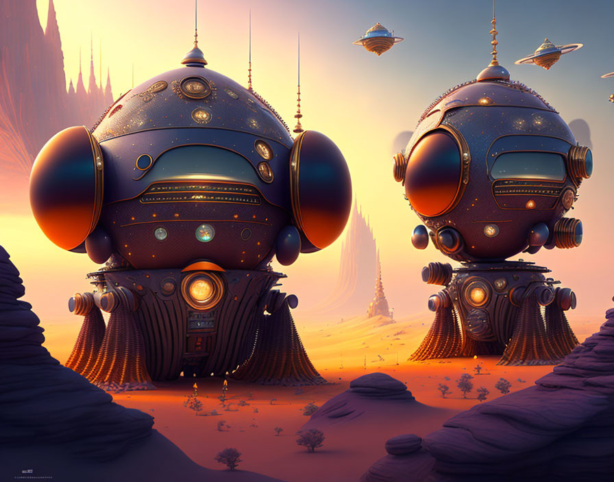 Spherical robots with large eyes on alien landscape and hovering ships