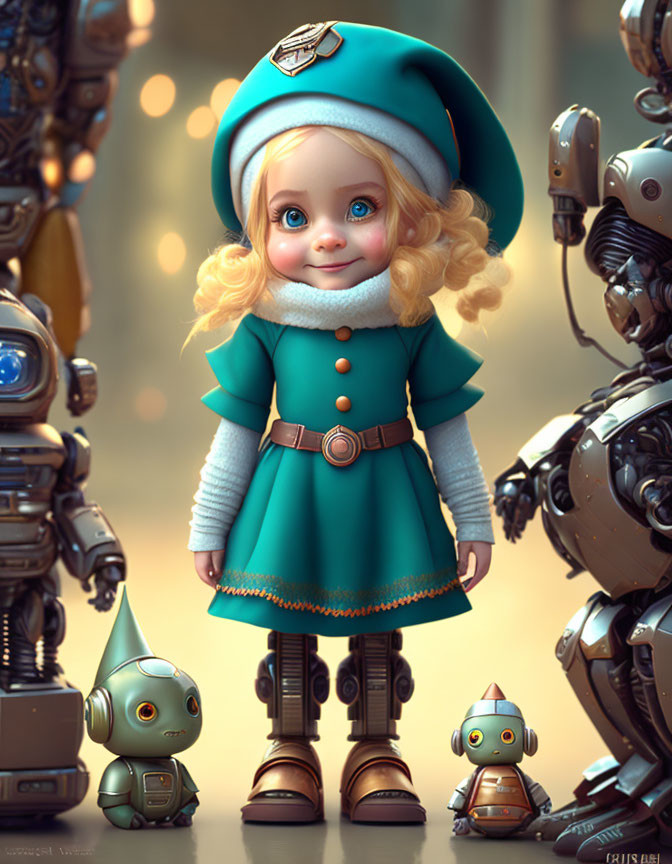 Stylized young girl with robots in turquoise uniform on warm, bokeh-lit background