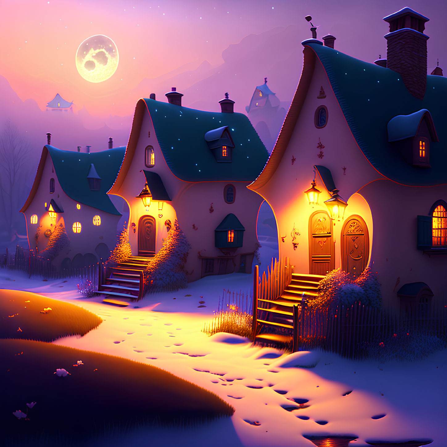 Snow-covered cottages in a cozy village at dusk under a starry sky.