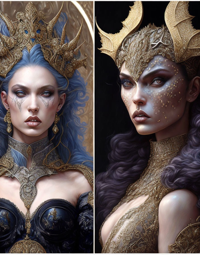 Fantasy queens with golden crowns and intricate makeup: one with blue hair, the other with purple