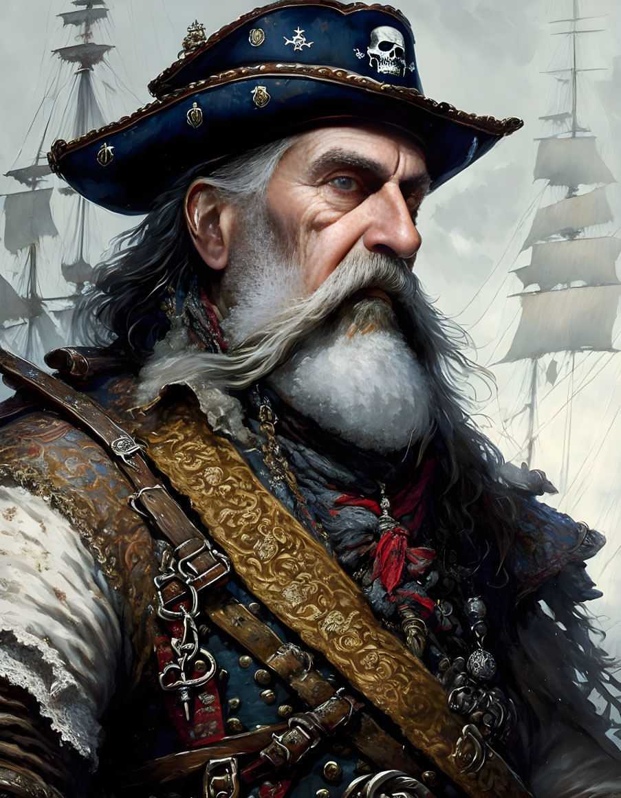 Elderly Pirate Illustration with Ship in Background