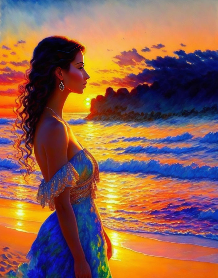 Woman in Blue Dress Watching Vibrant Ocean Sunset