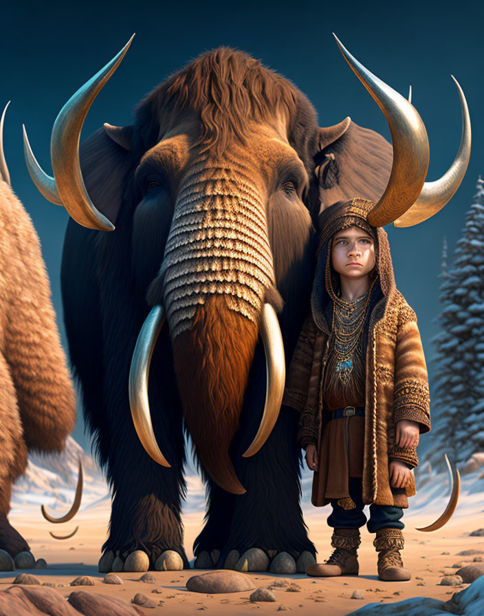 Child and armored mammoth in twilight forest scene