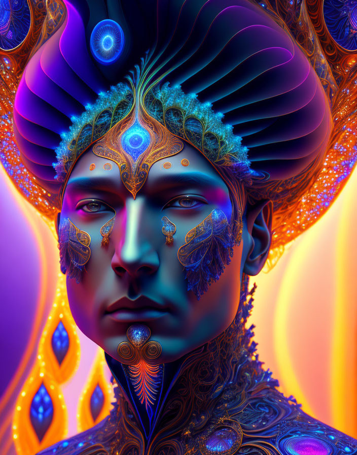 Colorful digital art portrait with elaborate headdress and facial adornments