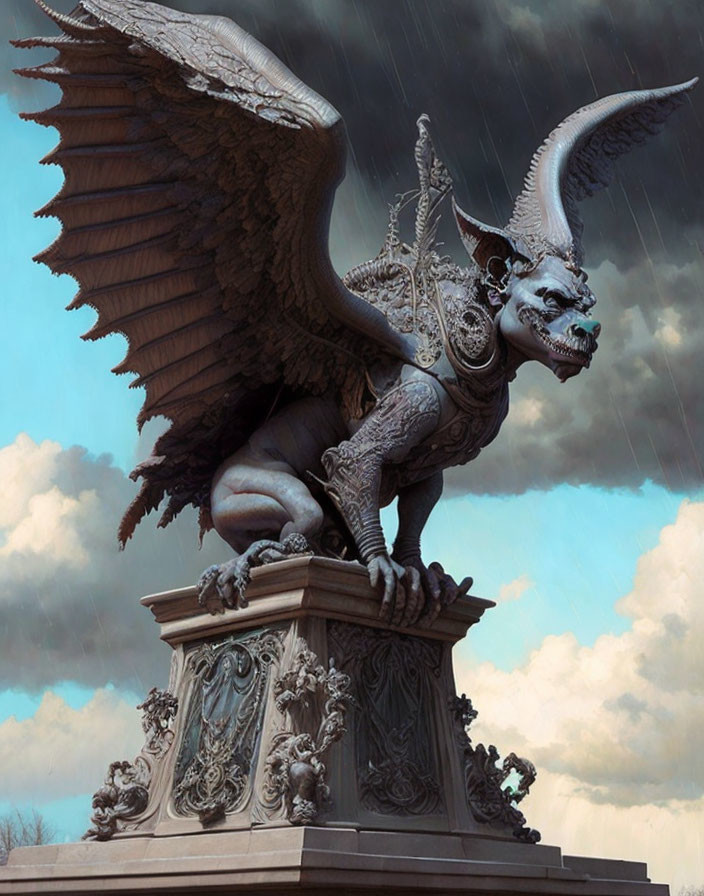 Gargoyled sculpture on ornate pedestal with unfurled wings under stormy sky