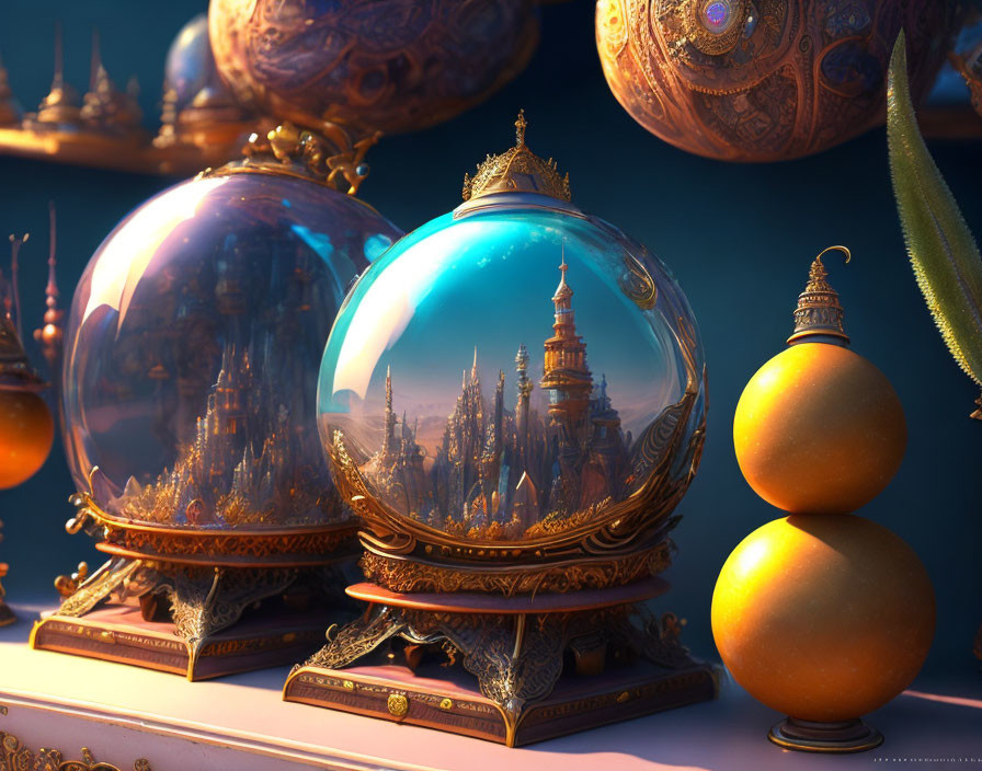 Ornate globes with miniature castles on golden backdrop