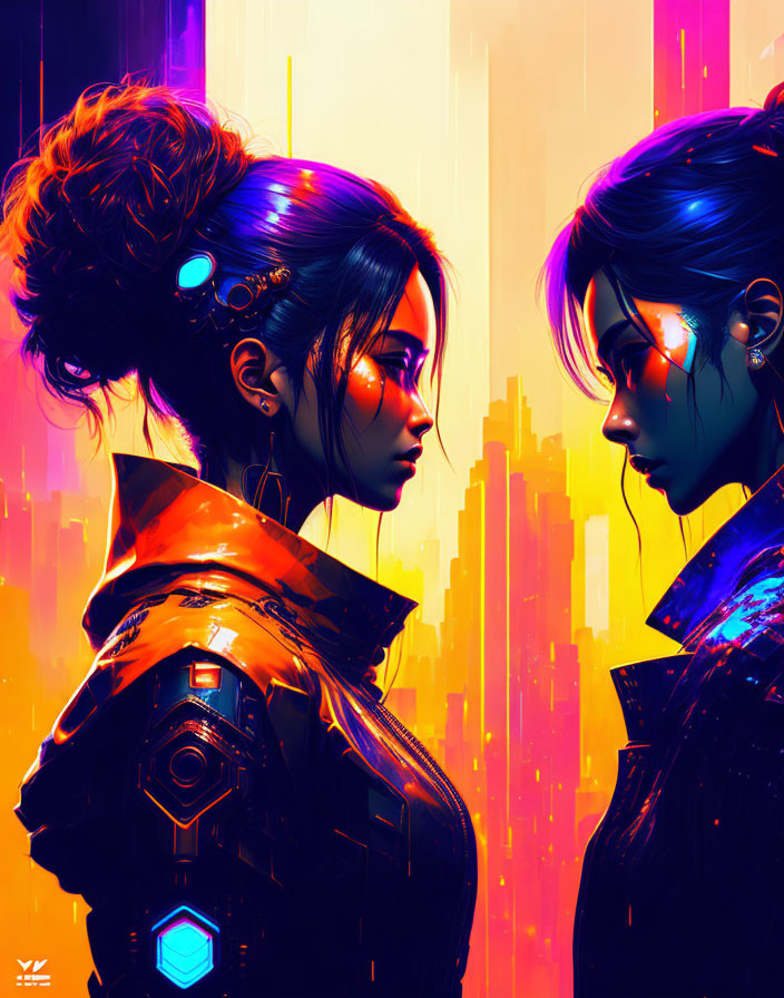 Stylized women in futuristic cybernetic suits against neon cityscape