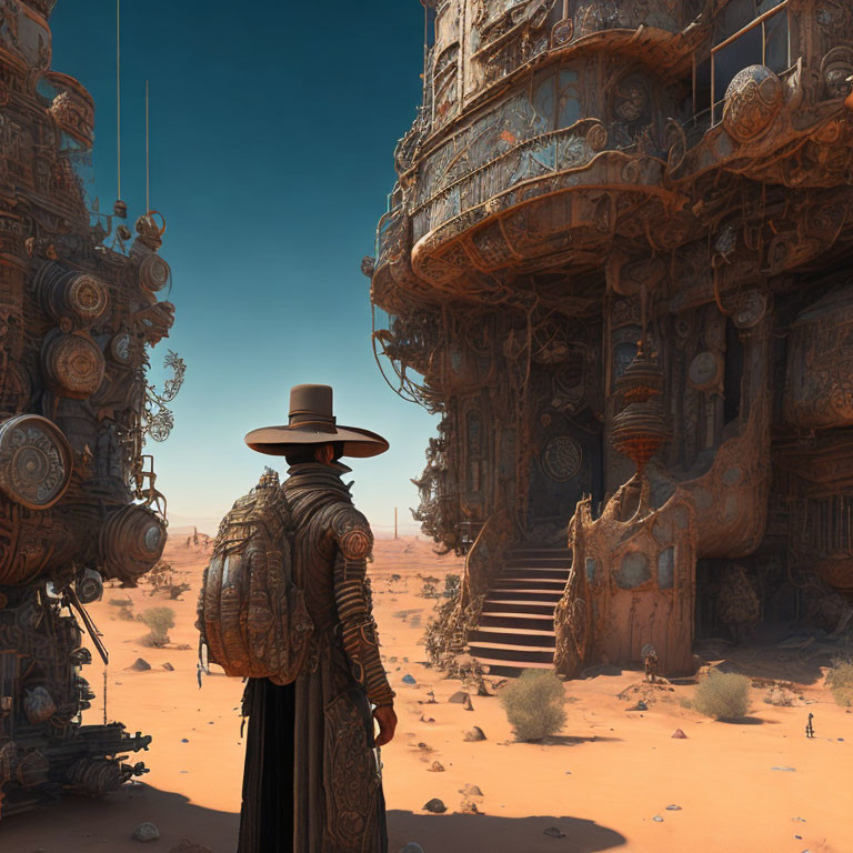 Person in Wide-Brimmed Hat Contemplates Futuristic Rusty Structure in Desert