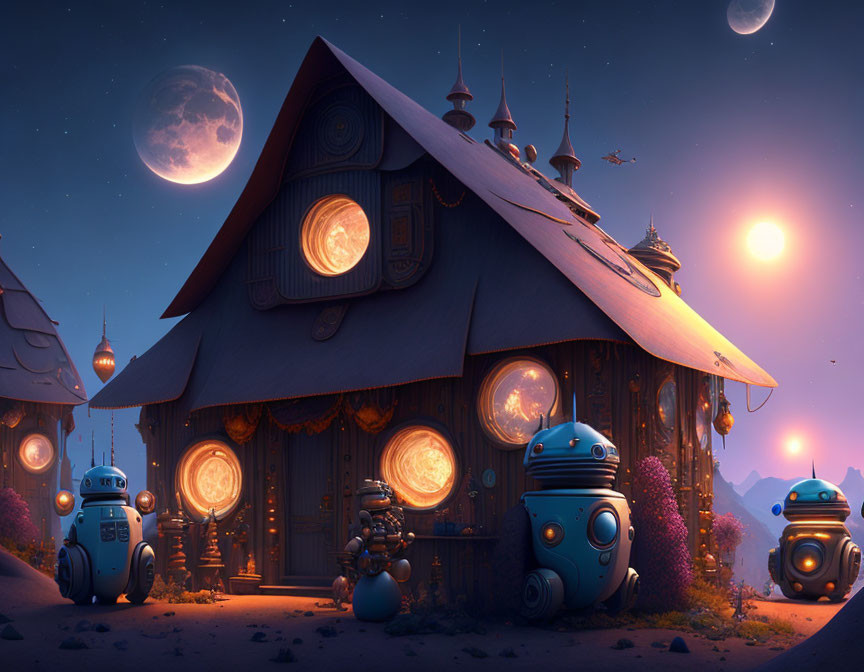 Whimsical house with glowing windows, friendly robots, moon, and planet