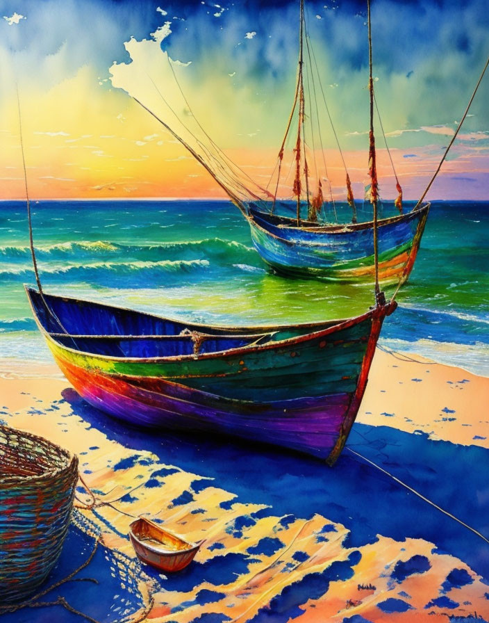 Colorful watercolor painting of two boats on shore at sunset