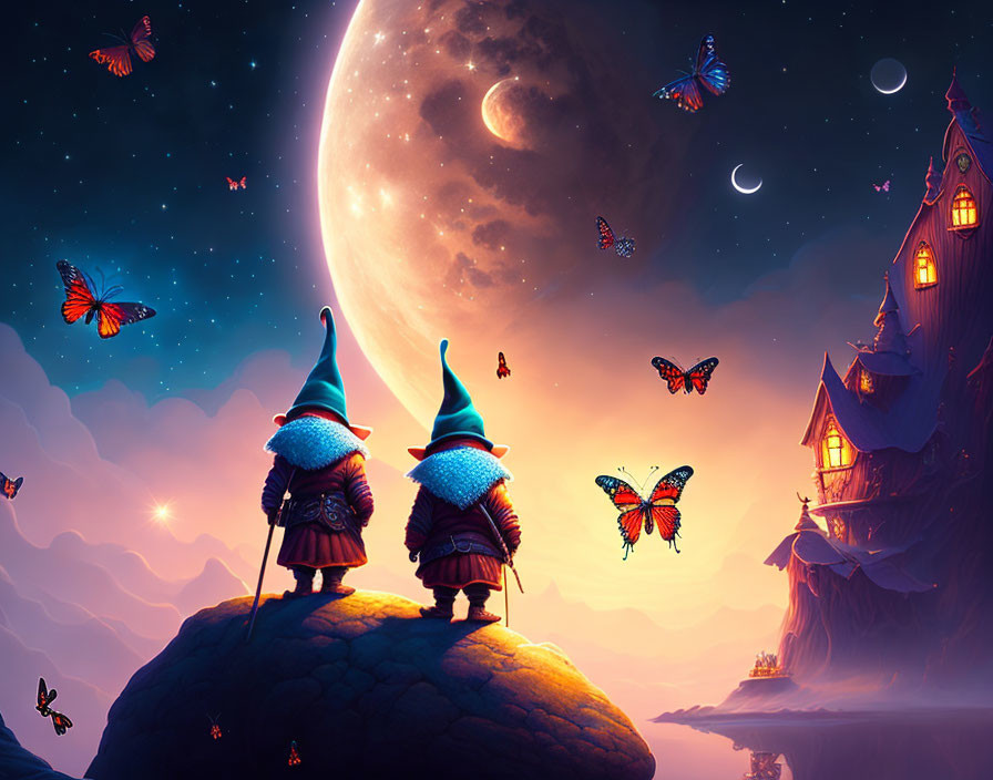 Whimsical characters in pointy hats under moonlit sky with butterflies