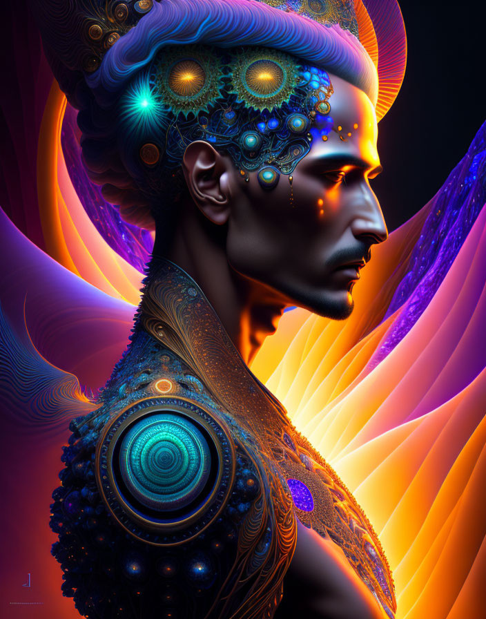 Colorful digital artwork: Stylized profile with fractal designs