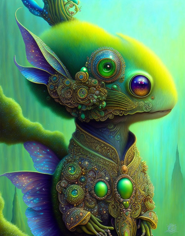 Colorful fantastical creature with large eyes and ornate patterns