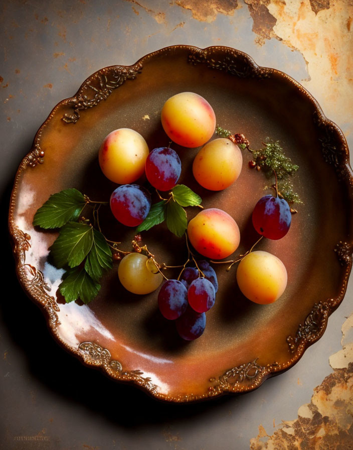 Ornate Plate with Fresh Grapes and Leaves on Distressed Background