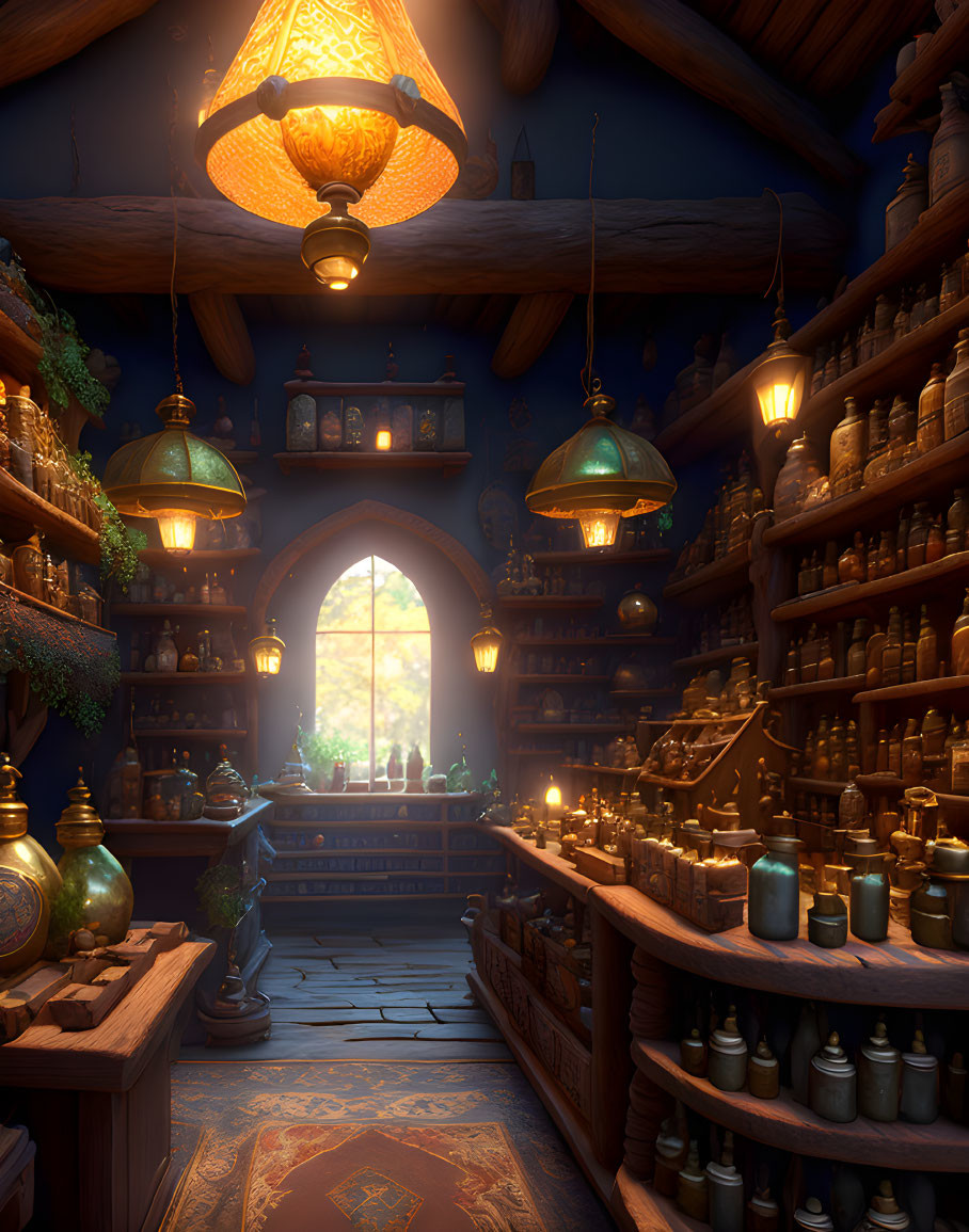 Cozy Apothecary Interior with Wooden Shelves and Arched Window