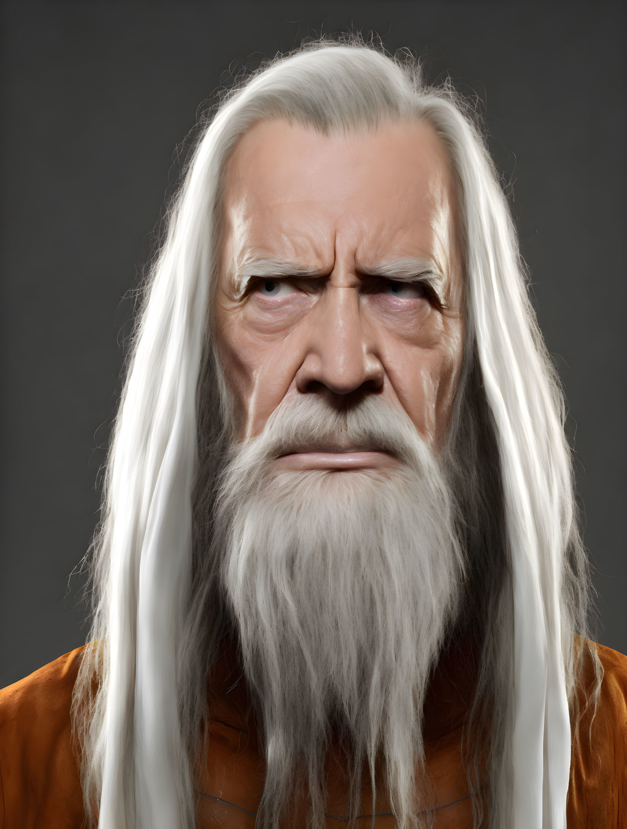 Elderly man with long white hair and beard, intense gaze on grey background