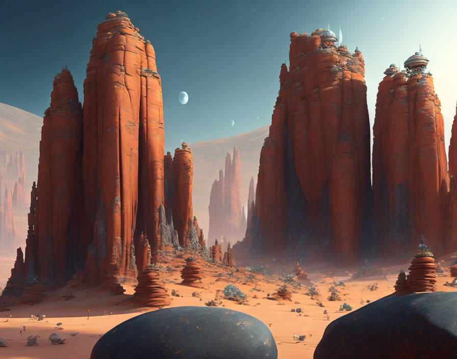 Martian-like desert landscape with red rock formations and futuristic structures.