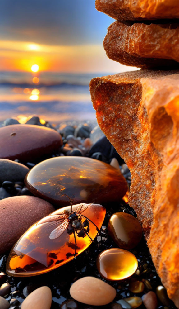 Ant crawling on amber among smooth rocks at sunset beach.