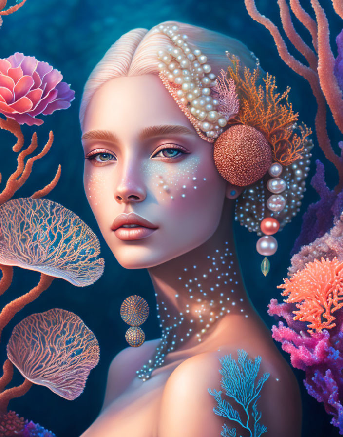 Woman with Underwater Elements: Coral, Pearls, and Marine Flora in Hair