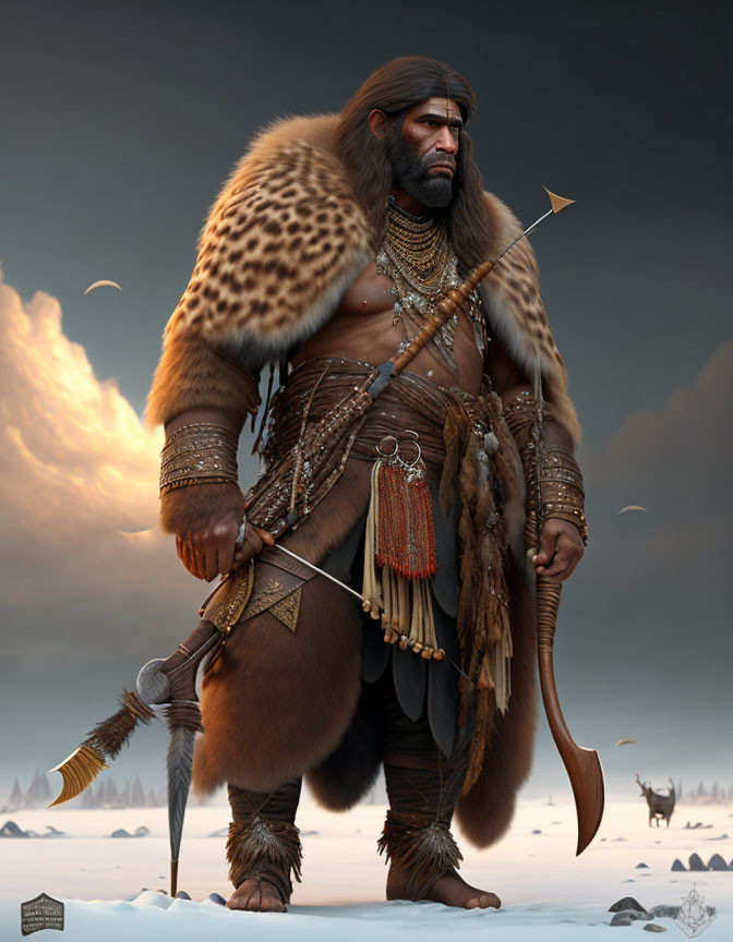 Digital artwork of prehistoric hunter with spear in snowy landscape & mammoths