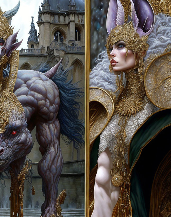 Split Image: Muscular Beast and Regal Woman in Ornate Armor