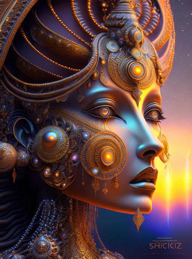 Detailed digital art: Female figure adorned with gold jewelry in cosmic setting