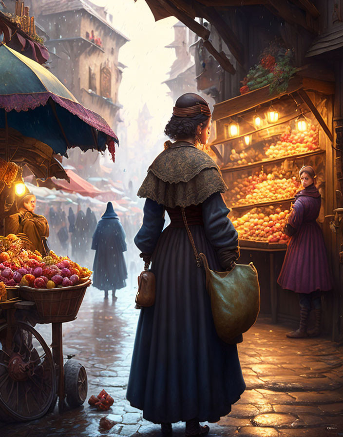 Woman in period clothing at bustling street market with fruit stalls under hanging lanterns in snowfall