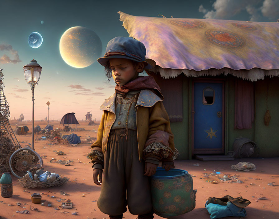 Child in oversized clothes with blue suitcase in desert landscape at dusk.