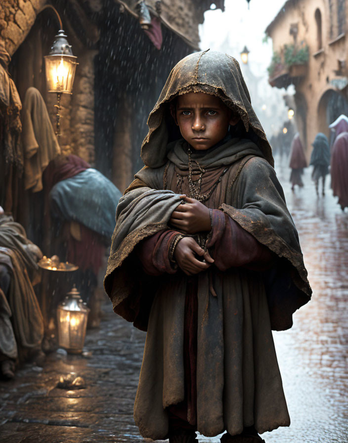 Child in hooded cloak on medieval street in rain with lanterns & passersby