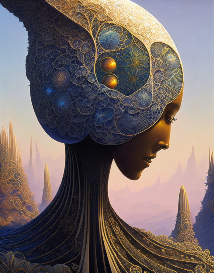 Profile portrait with ornate headpiece in fantastical landscape