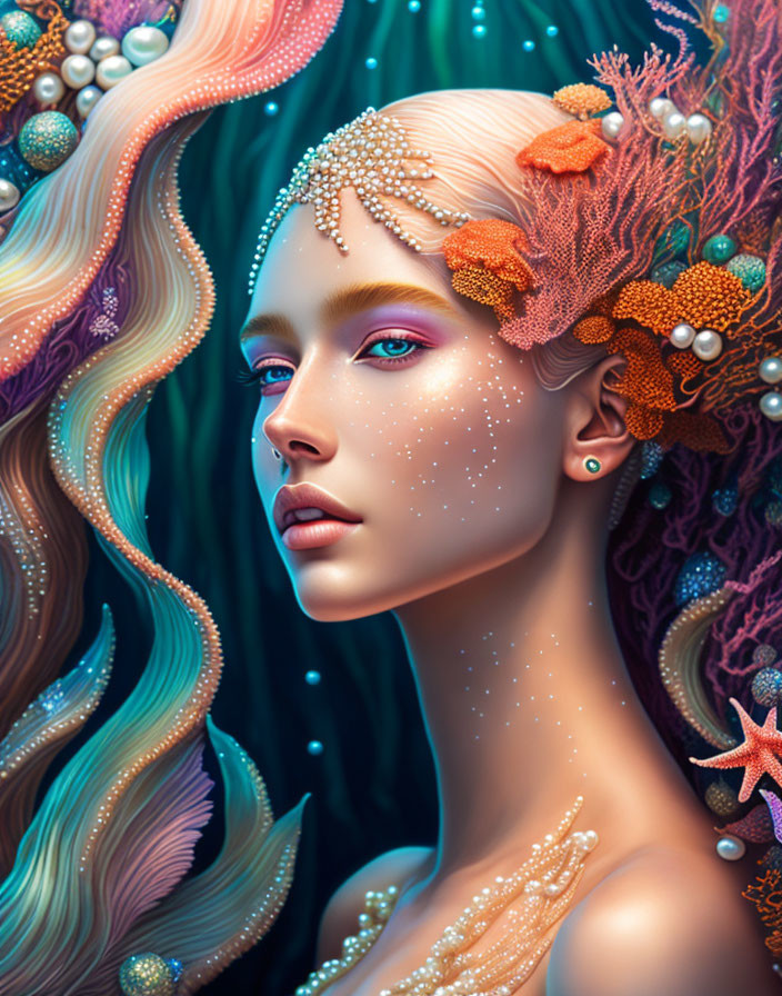 Digital portrait of woman with aquatic elements and colorful coral, starfish in hair