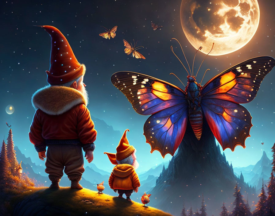 Fantasy landscape with gnome-like characters and giant butterfly under night sky