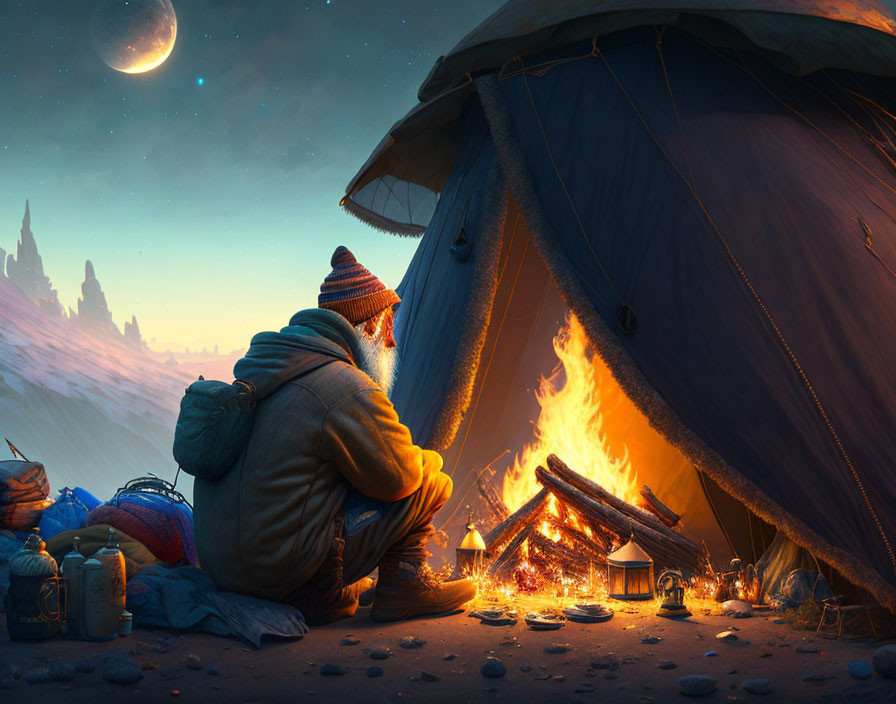 Person in Warm Attire by Campfire Under Starry Sky in Snowy Landscape