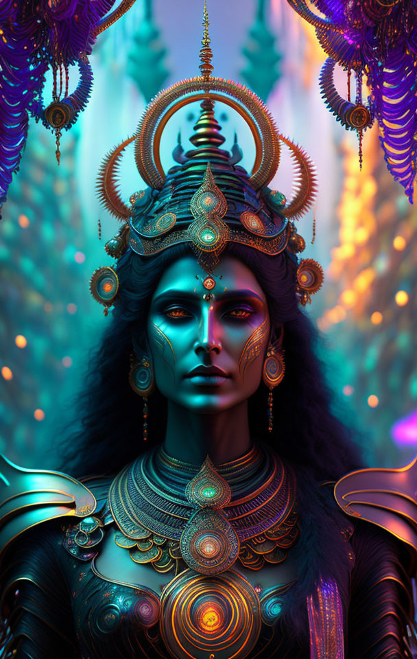 Digital Artwork: Woman in Gold and Blue Jewelry on Colorful Fantasy Background